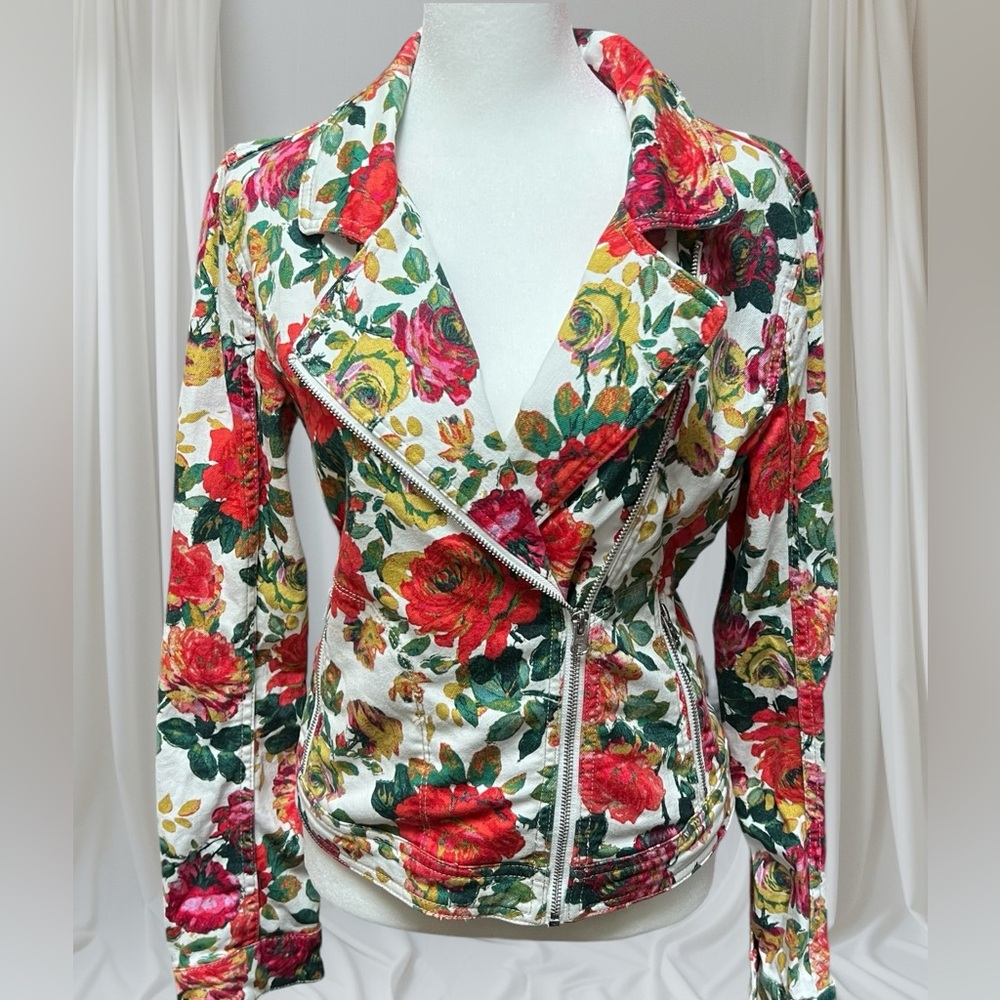 Pilcro And The Letterpress Floral Moto Zip Denim Jacket Size Small